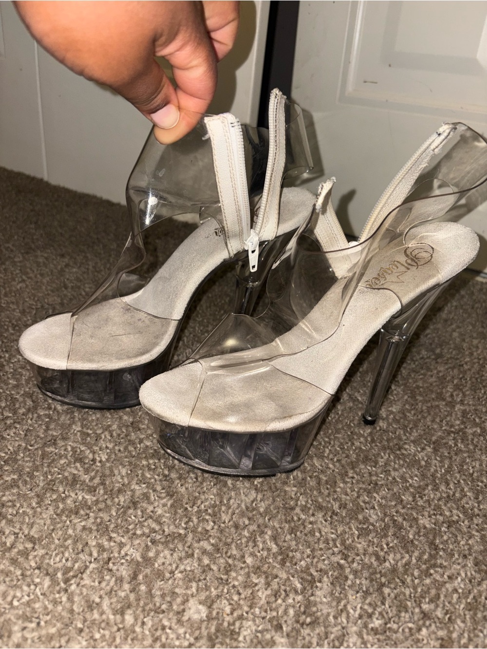 Pleaser Clear Platform Stiletto Sandals with Beige Insole